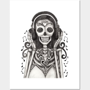 Sugar skull woman happy with headphones listen music day of the dead. Posters and Art